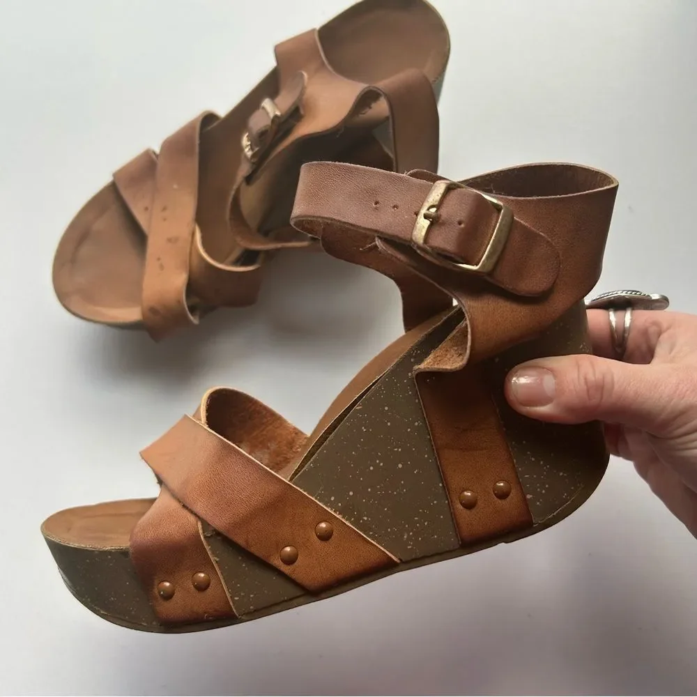 Women's Tan Brown Leather Wedge Sandals